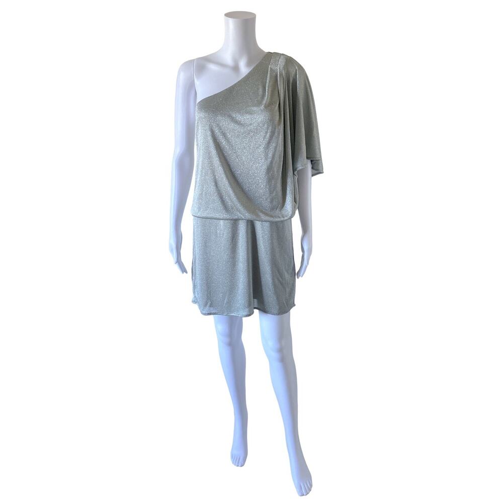 JS Boutique Silver Metallic One Shoulder Blouson Cocktail Mini Dress Womens 8